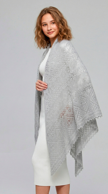 Оренбургский пуховый платок с шелком П1-150-03 серый