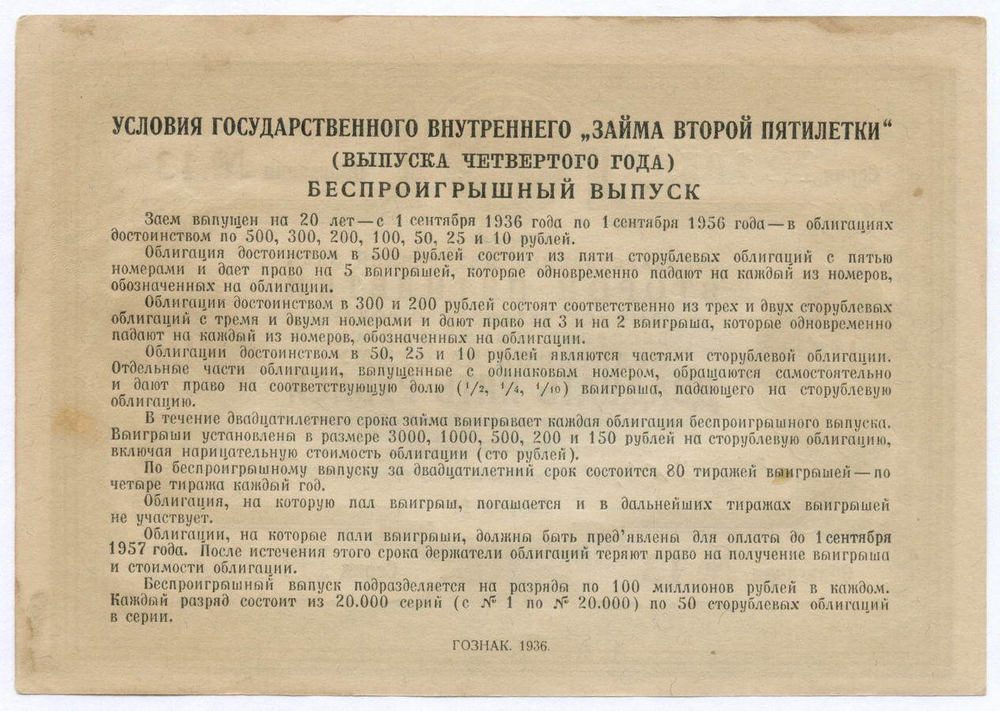 Облигация 25 рублей 1936 год. Заем 2-ой пятилетки (с подписями наркомов). Серия № 10533. VF
