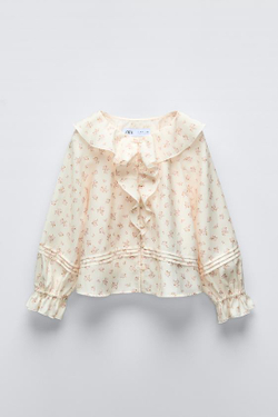ZARA БЛУЗА С ЦВЕТОЧНЫМ ПРИНТОМ И ВОЛАНАМИ, БЛЕДНО-РОЗОВЫЙ