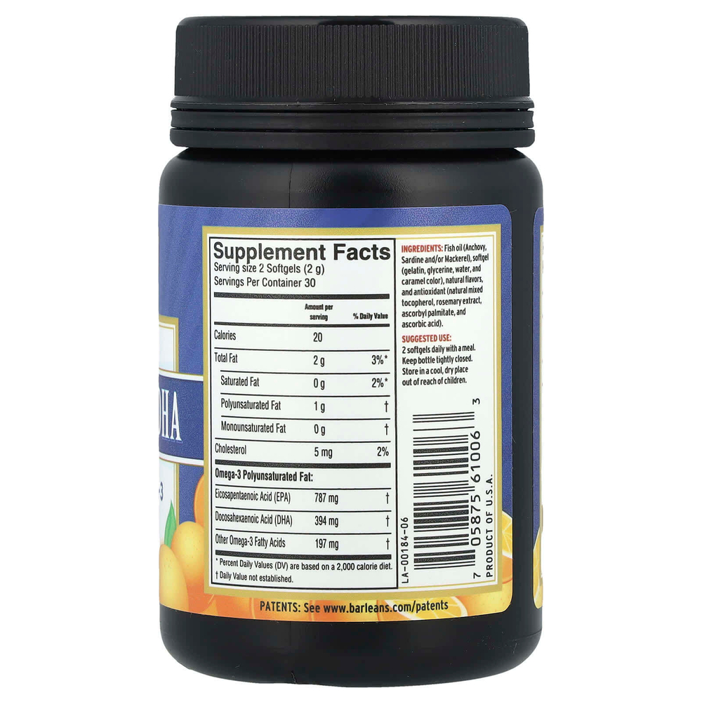 Barlean's, Fresh Catch®, рыбий жир с высоким содержанием ЭПК и ДГК, со вкусом апельсина, 60 капсул (650 мг в 1 капсуле)