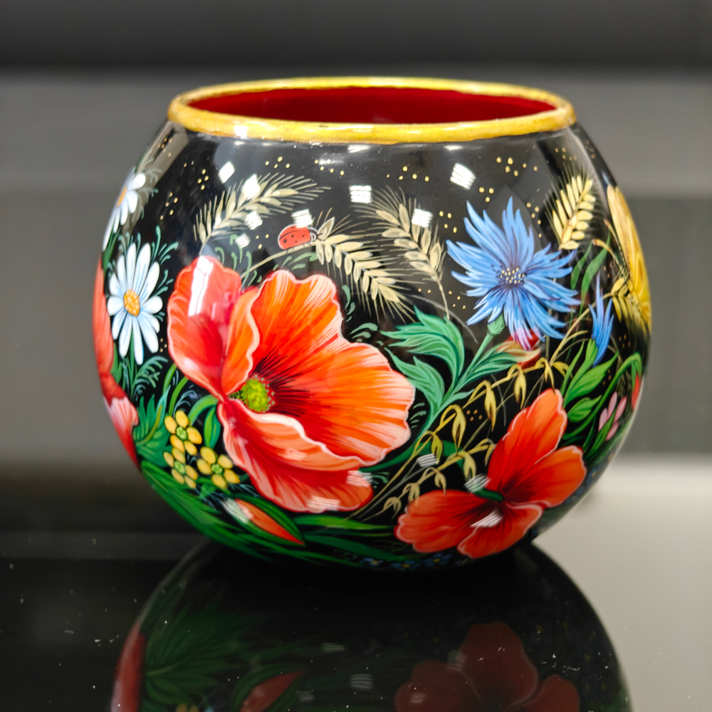 Вазочка с ручной росписью Палех "Маки и полевые цветы"