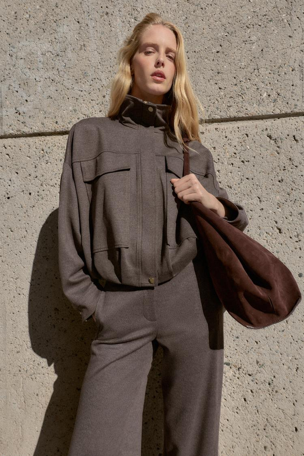 ZARA БОМБЕР С ВОРОТНИКОМ-СТОЙКОЙ, КОРИЧНЕВЫЙ МЕЛАНЖ