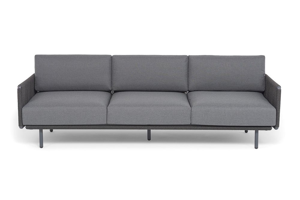 "Джелло" диван 3-местный плетеный из роупа, каркас алюминий темно-серый (RAL7024) муар, роуп темно-серый круглый, ткань темно-серая 027