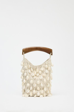 ZARA ТКАНЕВАЯ СУМКА-МЕШОК С БУСИНАМИ, СВЕТЛО-БЕЖЕВЫЙ