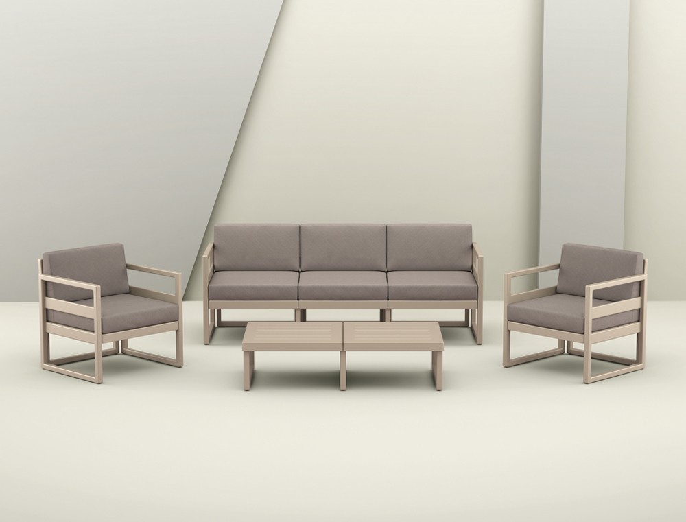 Диван пластиковый трехместный с подушками Siesta Contract Mykonos XL, бежевый, светло-коричневый