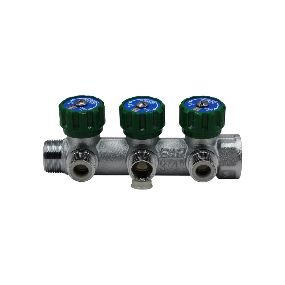 Коллектор регулирующий FAR 3/4" (ВР-НР) с 3 отв. 1/2"EU с вставкой под плоское уплотнение