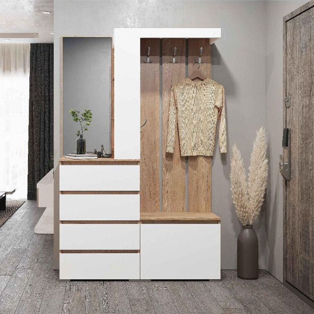 Прихожая с зеркалом комплект мебели Крафт Золотой/Белый Шагрень, Хелен, 126х35,3х198 см МФ Стендмебель