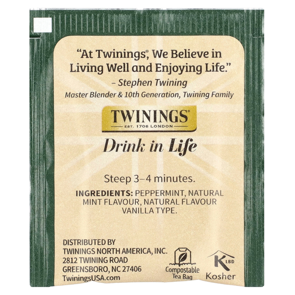 Twinings, Ароматизированный травяной чай, перечная мята и сливочная ваниль, без кофеина, 20 чайных пакетиков, 40 г (1,41 унции)