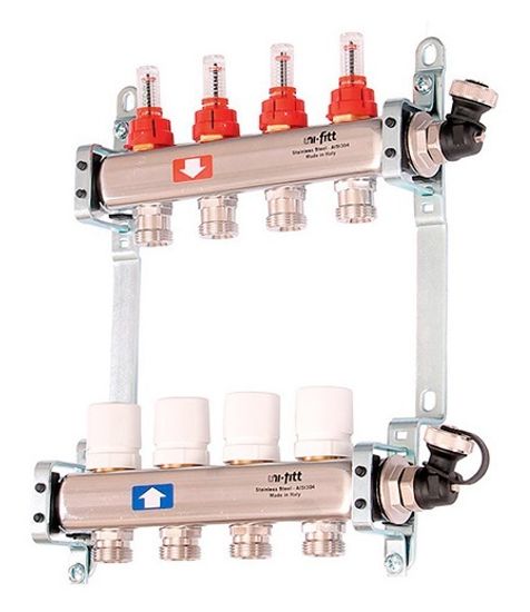 Коллектор Uni-Fitt 1"х3/4" 13 вых. нерж. сталь с расходомерами и термо вентилями 450I4313