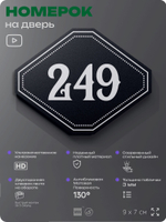 Номерок на дверь квартиры 249, для кабинета, офиса, шильдик 9 х 7 см, черный, Айдентика Технолоджи