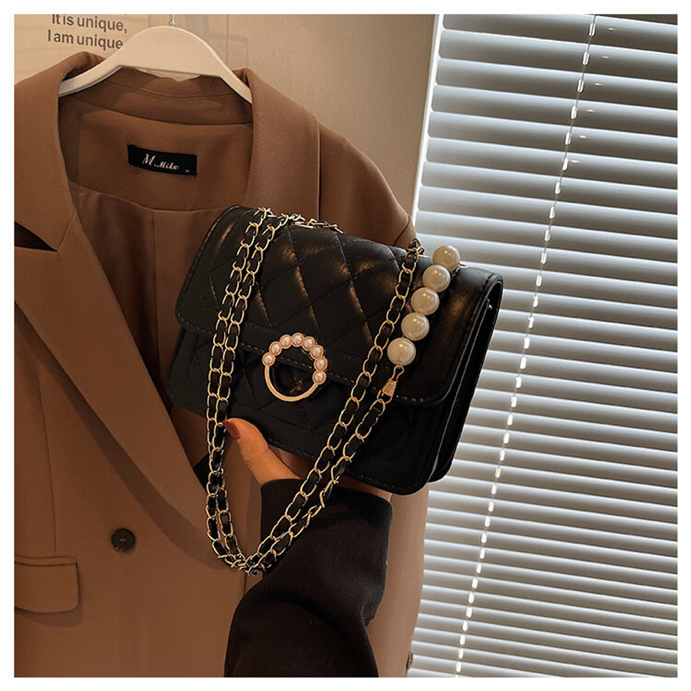 Сумка женская летняя стеганая с жемчугом, черный