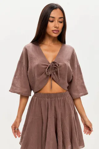 Блуза с завязками из хлопка stone wash шоколадного цвета