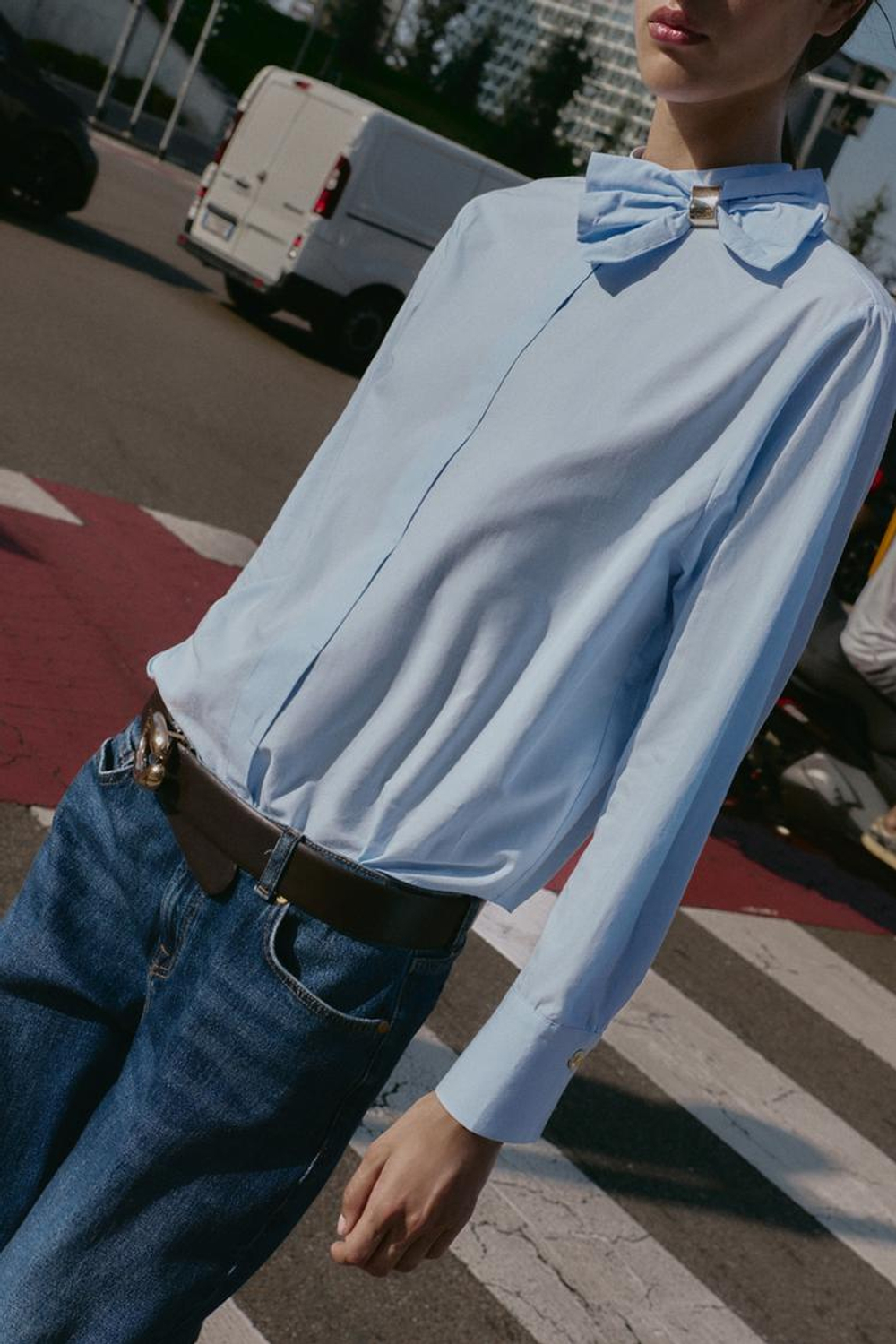 ZARA БЛУЗКА ИЗ ПОПЛИНА С ЗАВЯЗКОЙ, ГОЛУБОЙ