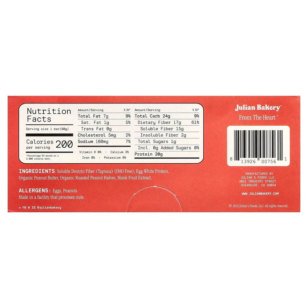 Julian Bakery, протеиновый батончик из яичного белка, арахисовая паста, 12 батончиков по 60 г (2,1 унции)