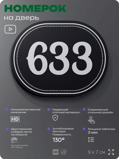 Номерок на дверь квартиры 633, для кабинета, офиса, шильдик 9 х 7 см, черный, Айдентика Технолоджи