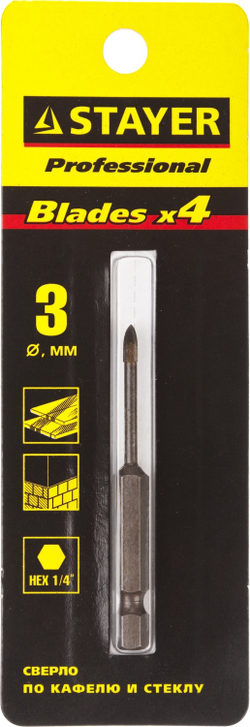 STAYER 3 мм, 4х кромка, HEX 1/4, Сверло по стеклу и кафелю (2985-03)