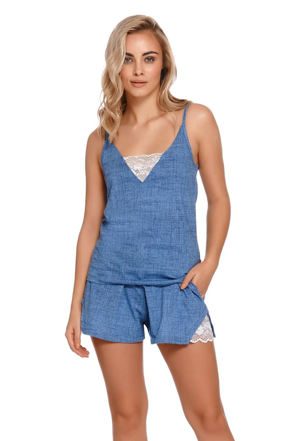 Легкая хлопковая пижама с кружевными вставками (Размер: L) (Цвет: синий)