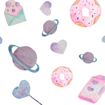 милый детский узор с пончиком, планетой, леденцом и сердцами в акварельном стиле