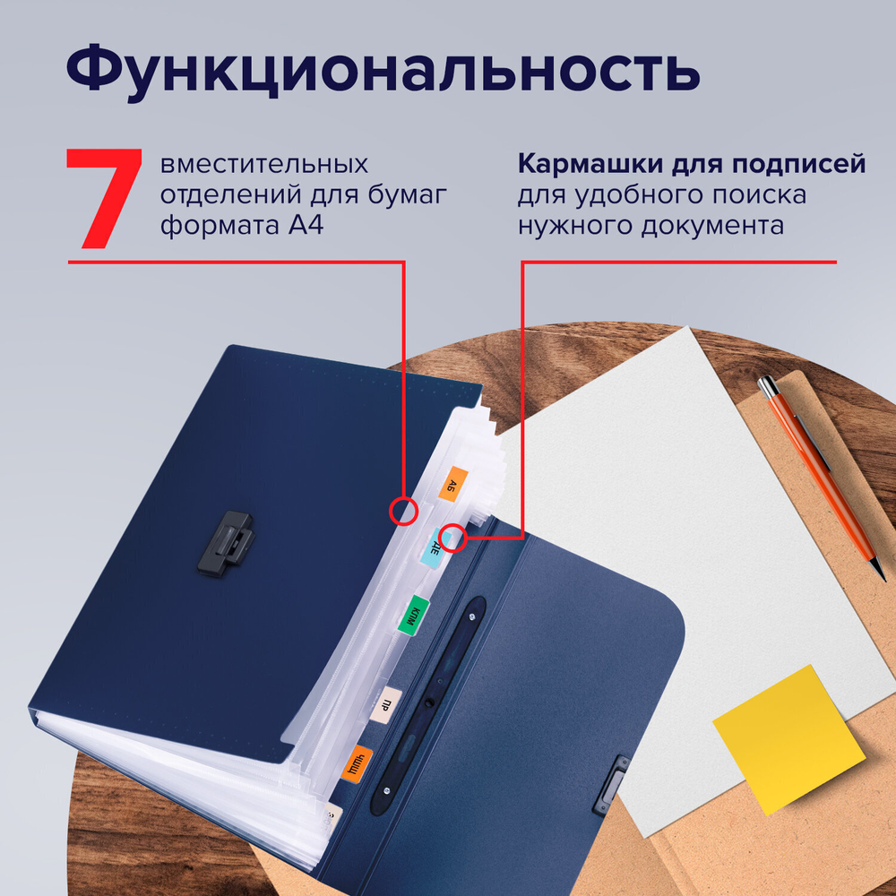 Папка-портфель пластиковая BRAUBERG "Energy" А4 (330х256х32 мм) 7 отделений синий (3 штуки в упаковке)