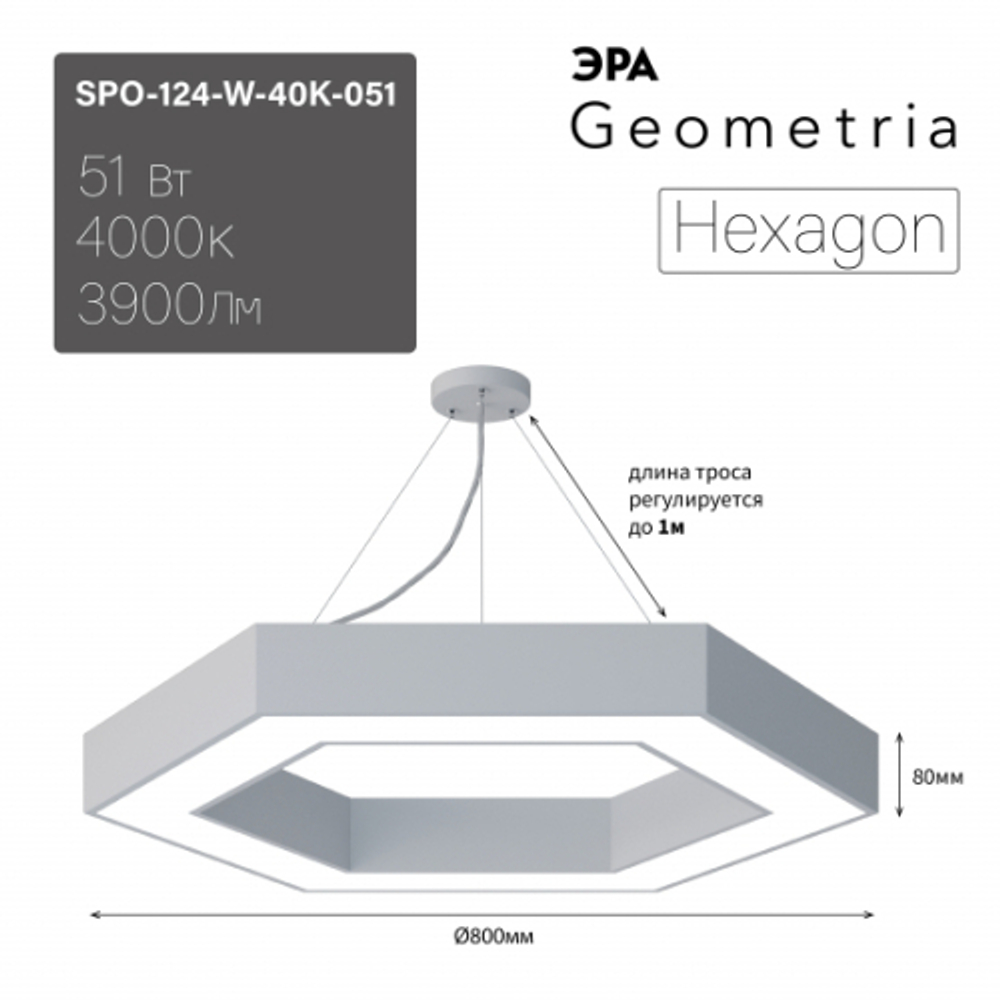 Светильник LED ЭРА Geometria SPO-124-W-40K-051 Hexagon 51Вт 4000К 4000Лм 800*800*80 белый подвесной драйвер внутри