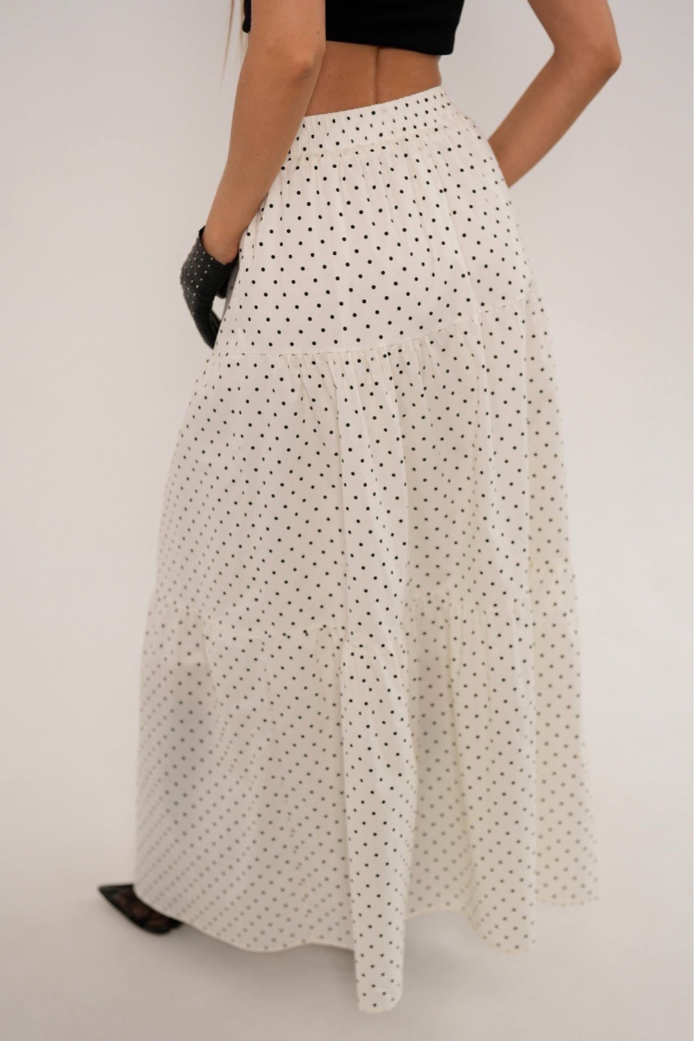 Юбка из хлопка с ярусами в горошек , в макси длине