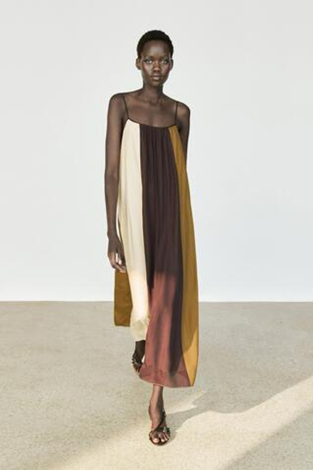 Massimo Dutti Платье миди на бретелях из струящейся ткани, коричневый