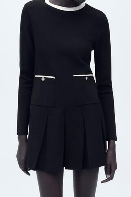 ZARA ТРИКОТАЖНОЕ ПЛАТЬЕ МИНИ В СКЛАДКУ, ЧЕРНЫЙ/БЕЛЫЙ
