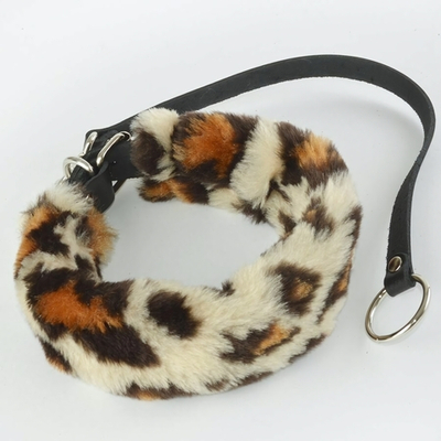 Леопардовый меховой ошейник с кожаным поводком (Цвет: леопард)