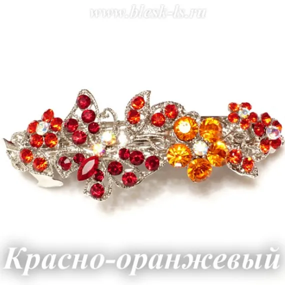 Заколка с замком на серебристой основе "Бабочка на цветах", Красно-оранжевый