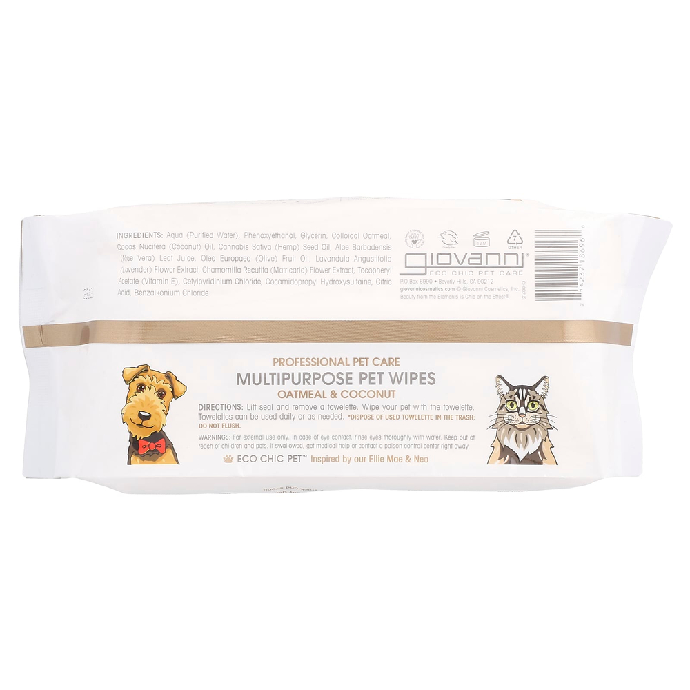 Giovanni, Professional Pet Care, универсальные салфетки для животных, для собак и кошек, с овсянкой и кокосом, без отдушек, 75 предварительно увлажненных салфеток