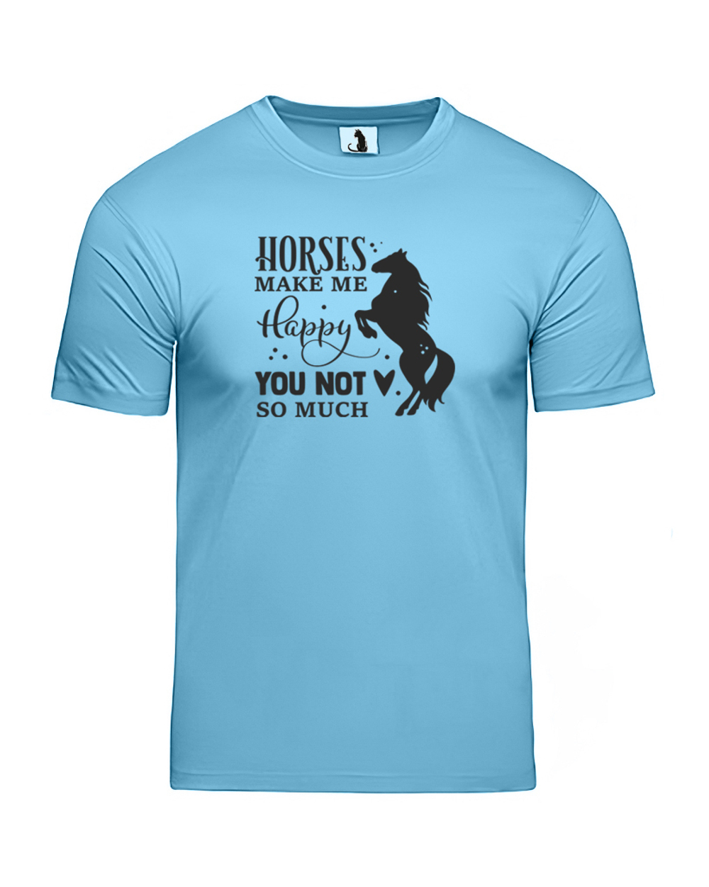 Футболка Horses make me happy unisex голубая с черным рисунком