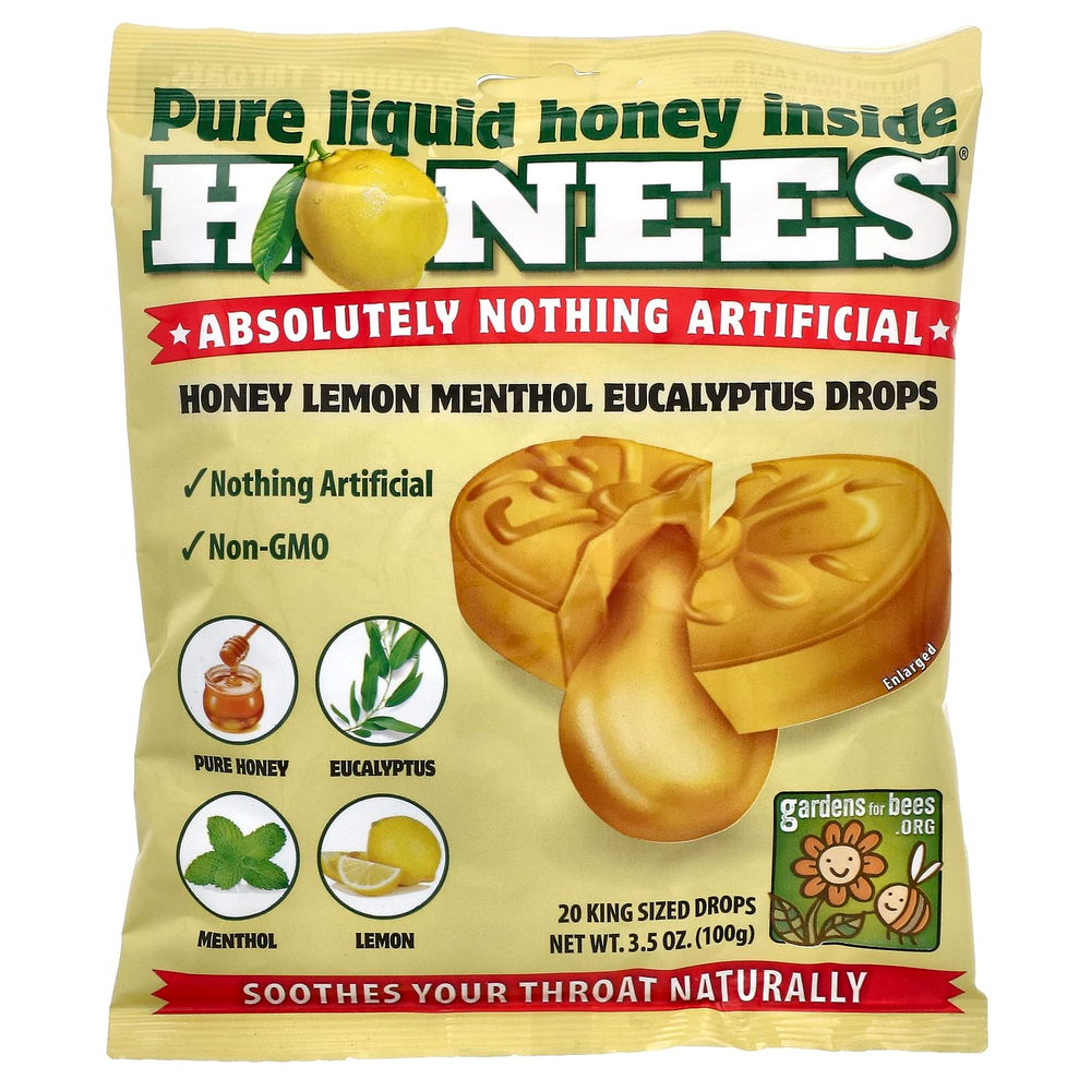 Honees, леденцы от кашля с медом, лимоном, ментолом и эвкалиптом, 20 больших леденцов, 100 г (3,5 унции)