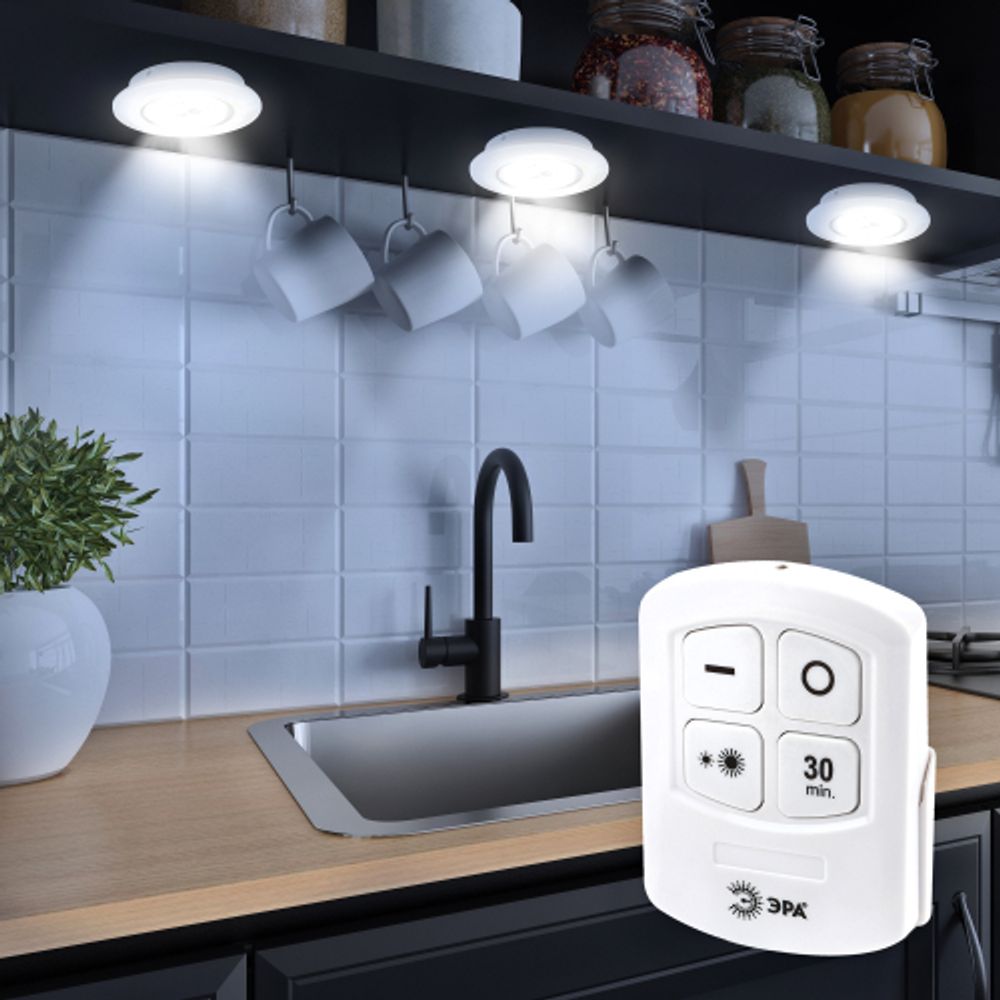 Светодиодный фонарь подсветка ЭРА SB-511 пушлайт, 6Вт, COB, 3хAAA, белый, 3 штуке в коробке, ИК пульт | Подсветка, пушлайты