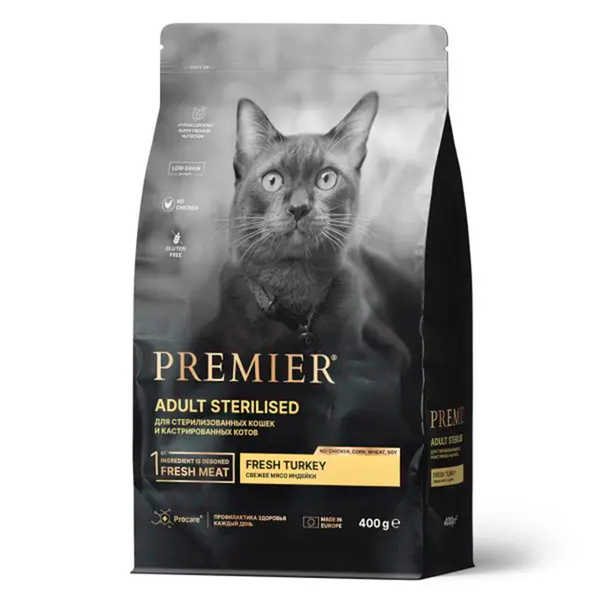 Сухой корм Premier Cat Turkey STERILISED, для стерилизованных кошек, со свежим мясом индейки, 400г