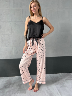 Пижама атласная тройка горох на розовом (майка+брюки+шорты)