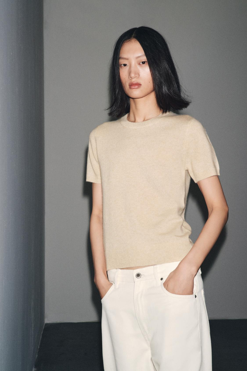 ZARA ДЖЕМПЕР ИЗ 100% КАШЕМИРА С КОРОТКИМИ РУКАВАМИ, ПЕСОЧНЫЙ