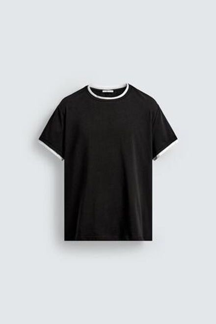 ZARA ФУТБОЛКА С КОНТРАСТНОЙ ОТДЕЛКОЙ, ЧЕРНЫЙ