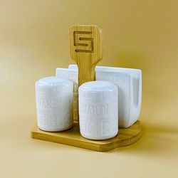 Lenardi 140-122 Набор для специй 3пр. солонка/перечница/салфетница на подставке BAMBOO в под.уп.(х30)Фарфор