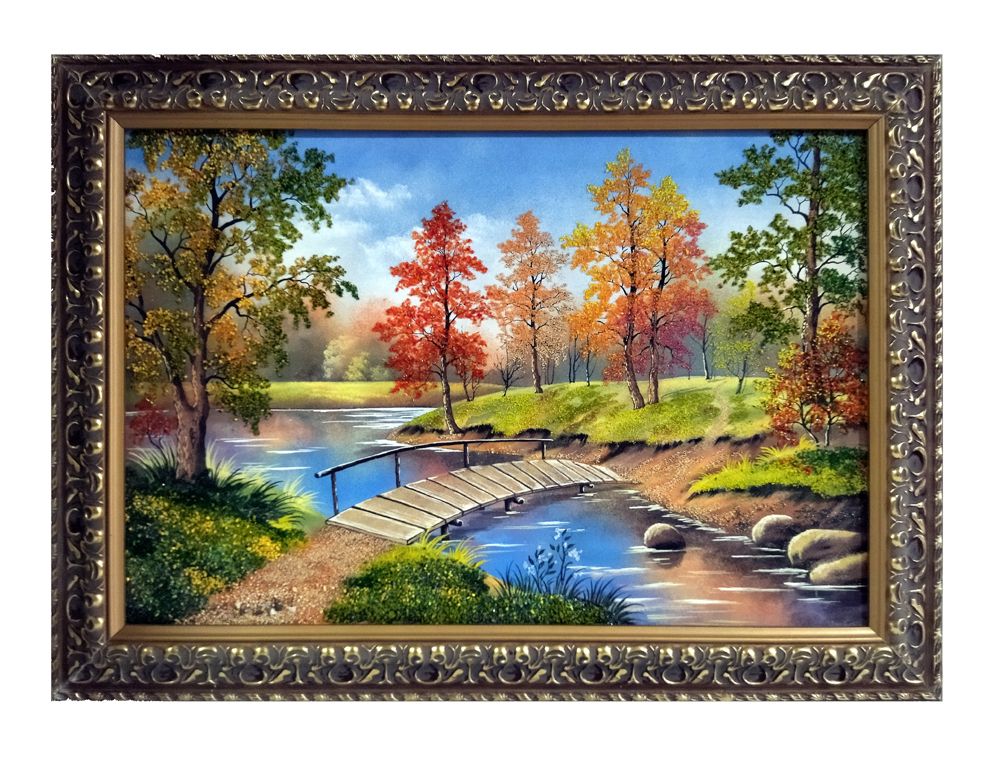 Картина &quot; Осень в парке&quot; рисованная уральскими минералами деревянном багете 50-70-2см