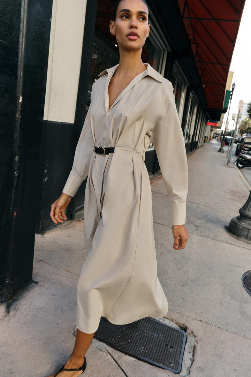 ZARA ПЛАТЬЕ МИДИ С ПОЯСОМ, БЕЖЕВЫЙ