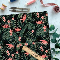 Ткань оксфорд 210 экзотические розовые цветы и папоротник