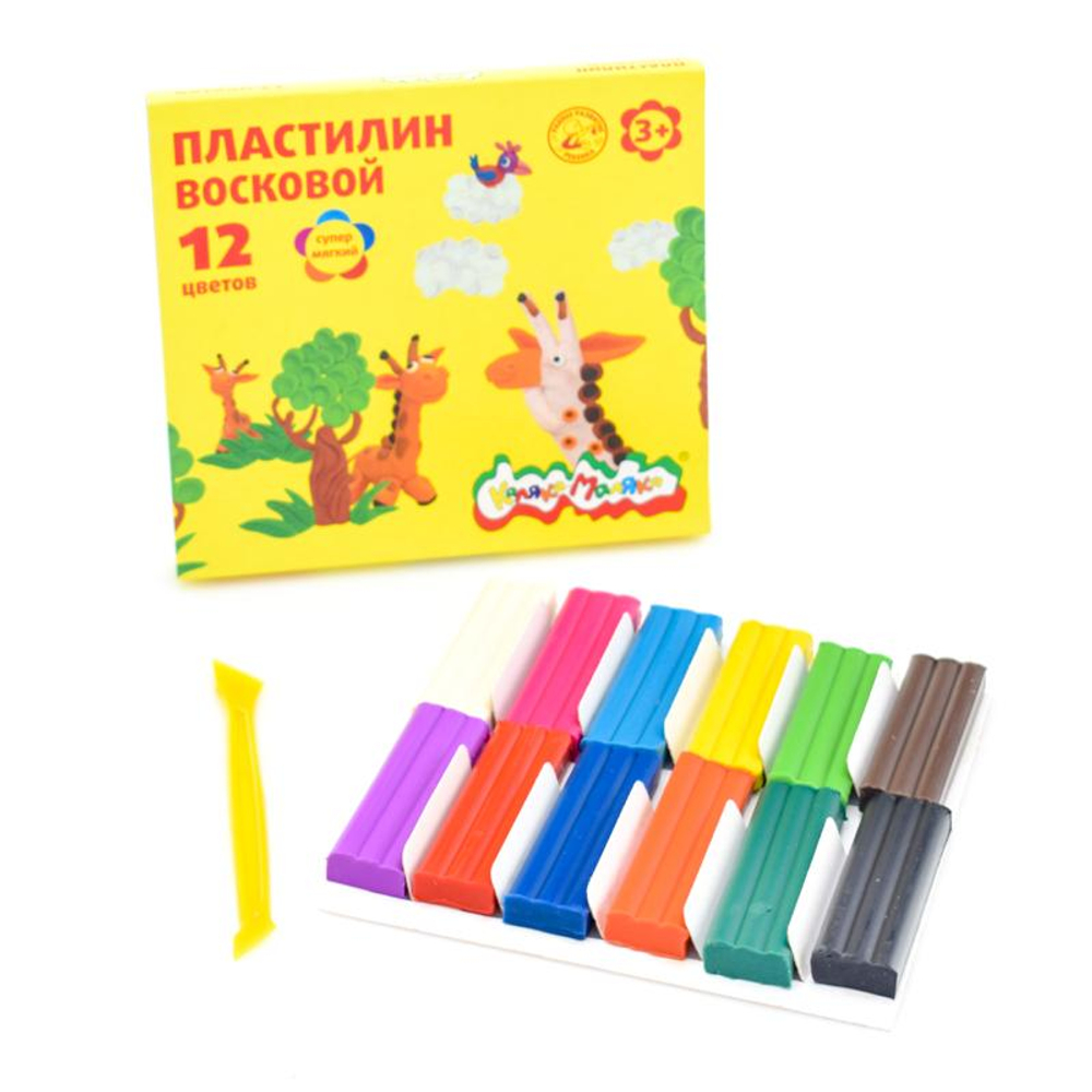 Пластилин восковой 12 цветов, 180 гр, со стеком (Каляка-Маляка)