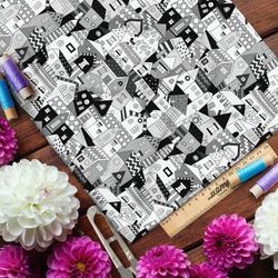 Ткань оксфорд 600 чёрно-белые резные дома