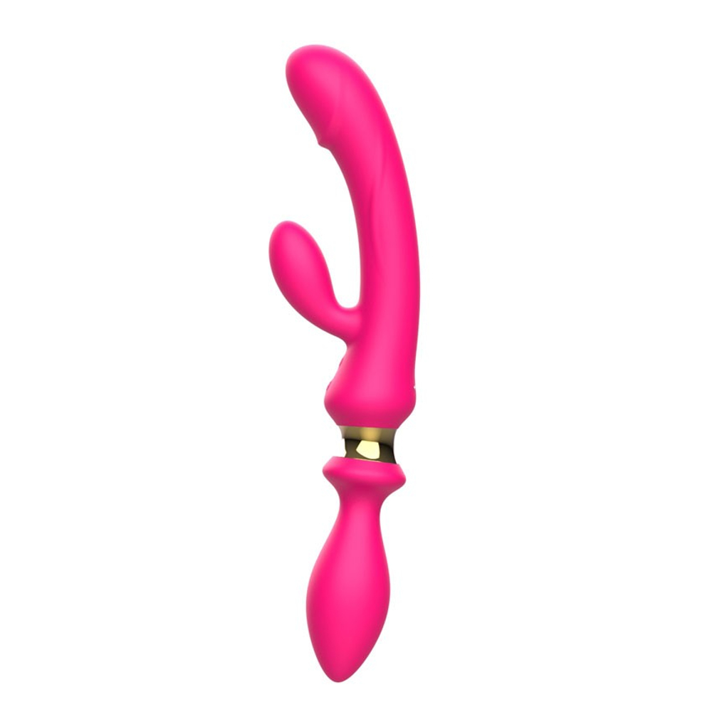 Розовый двусторонний вибромассажёр с клиторальным отростком - 30 см. (Цвет: розовый)
