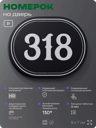 Номерок на дверь квартиры 318, для кабинета, офиса, шильдик 9 х 7 см, черный, Айдентика Технолоджи