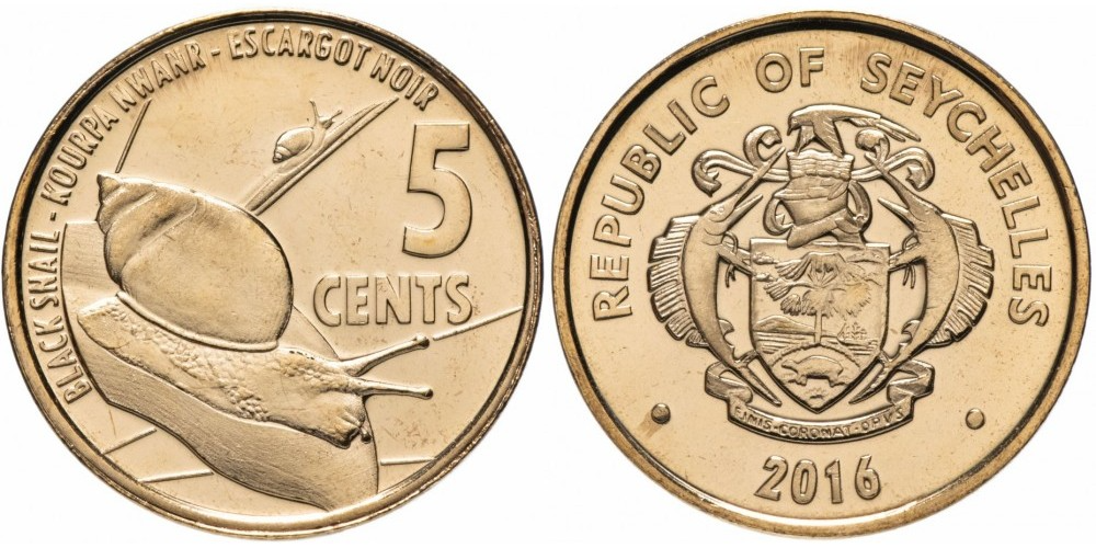 Сейшелы 5 центов, 2016 Улитка UNC