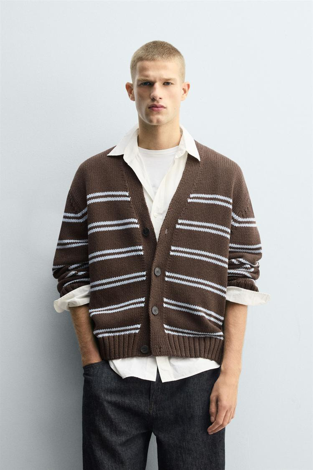 ZARA ЖАККАРДОВЫЙ КАРДИГАН В ПОЛОСКУ, КОРИЧНЕВЫЙ