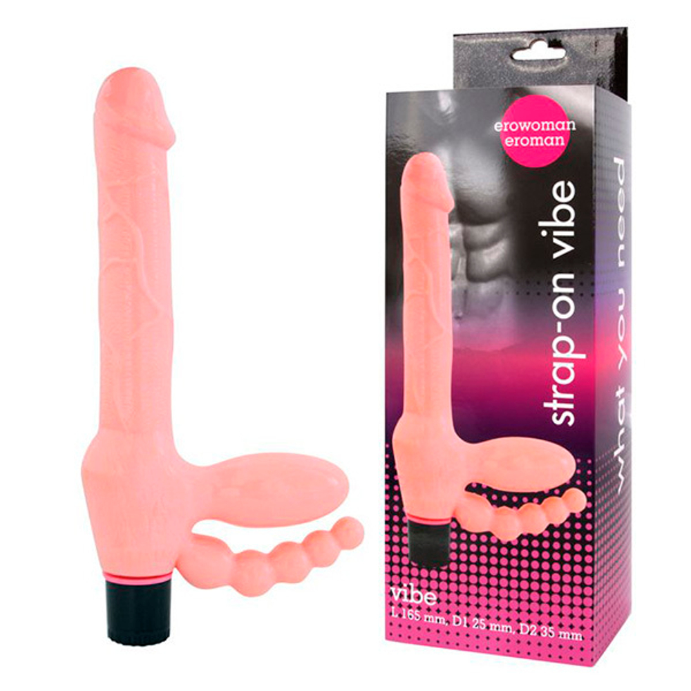 Телесный безремневой страпон с анальным отростком Bior Toys Erowoman-Eroman EE-10122