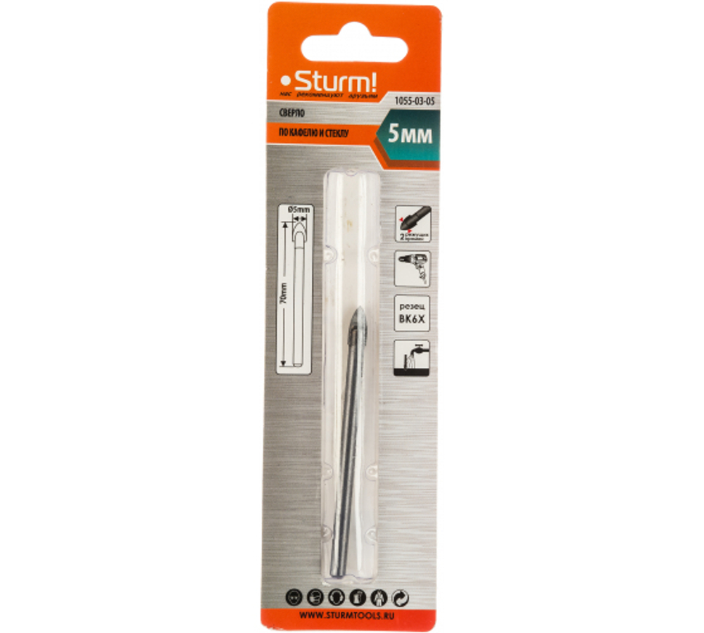СВЕРЛО ПО СТЕКЛУ И КАФЕЛЮ D5ММ КРУ/ХВОСТ  STURM! 1055-03-05