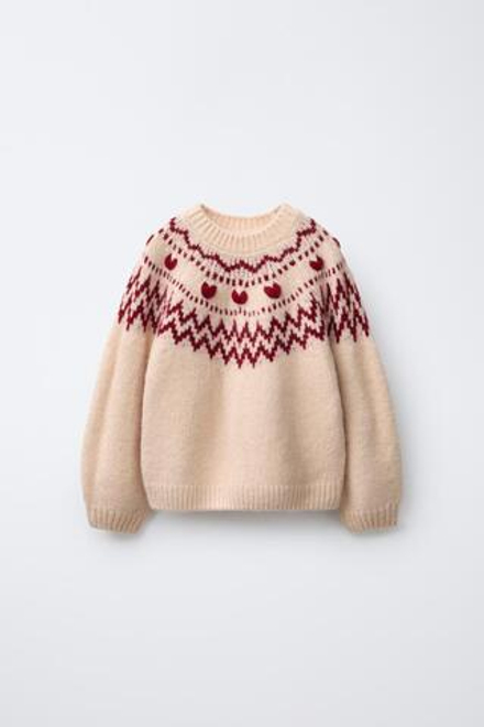 ZARA ЖАККАРДОВЫЙ СВИТЕР С УЗОРОМ «СЕРДЦА», ЭКРЮ